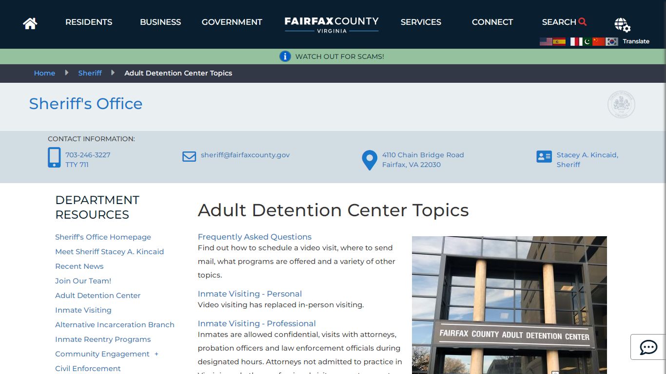 Adult Detention Center Topics | Sheriff - Fairfax County